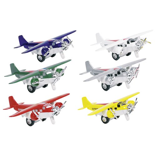 Set of six colorful toy airplanes on a white background