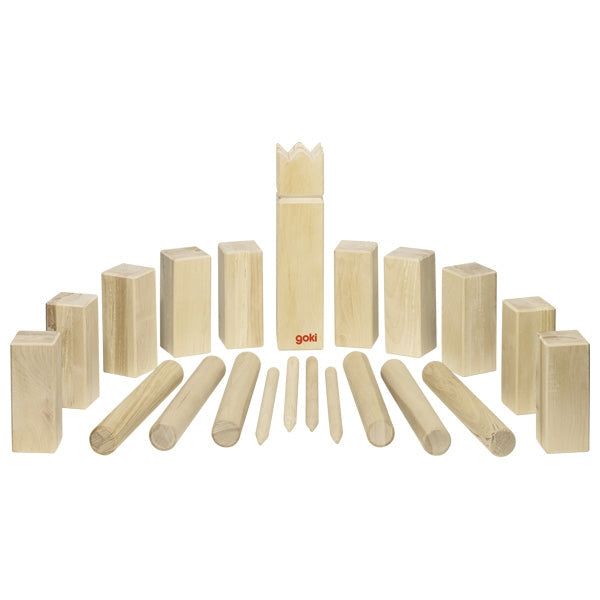 Set of wooden building blocks with a 'goki' brand logo on a white background