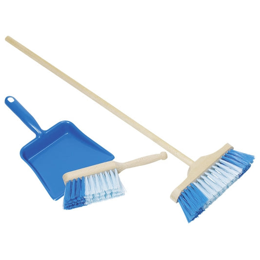 Plastic dustpan, handbroom and broom