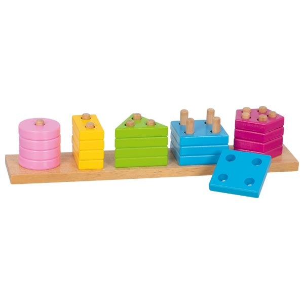 Colorful wooden stacking toy set on a white background