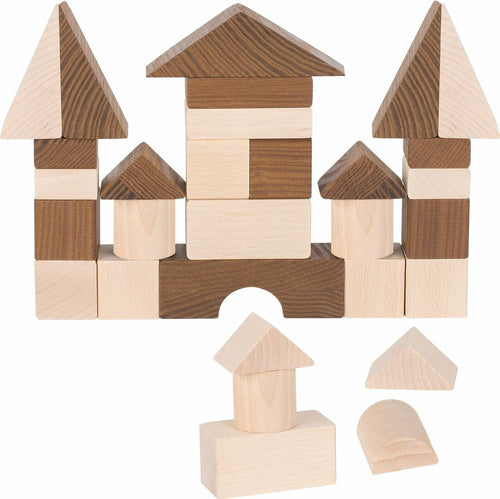 Wooden building blocks with brown and beige colors on a white background