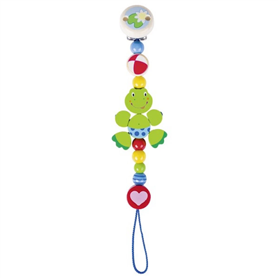 Colorful baby teether with a frog design on a white background