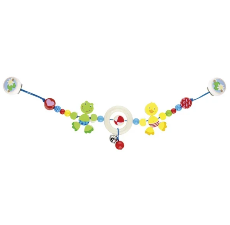 Colorful baby mobile with animals and bells on a white background
