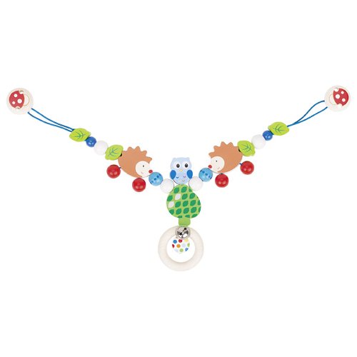 Colorful baby teething toy with animal shapes on a white background
