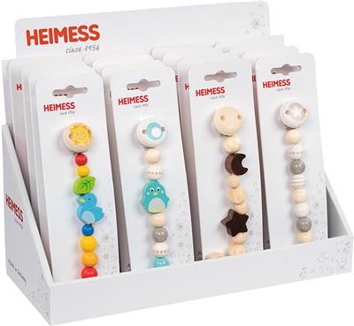 Display of HEIMESS baby teether products with various designs in packaging.