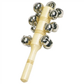 Wooden rattle with metal beads on a white background