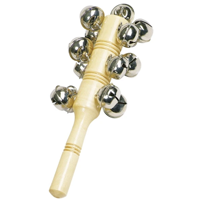 Wooden rattle with metal beads on a white background