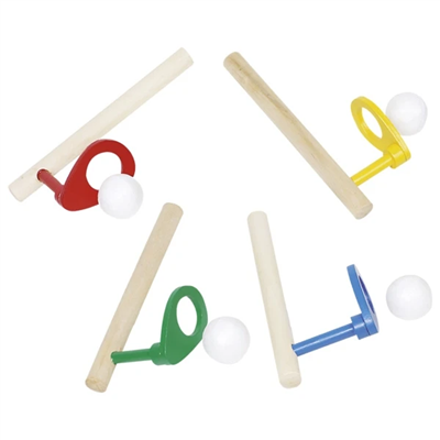 Colorful croquet set with mallets and balls on a white background