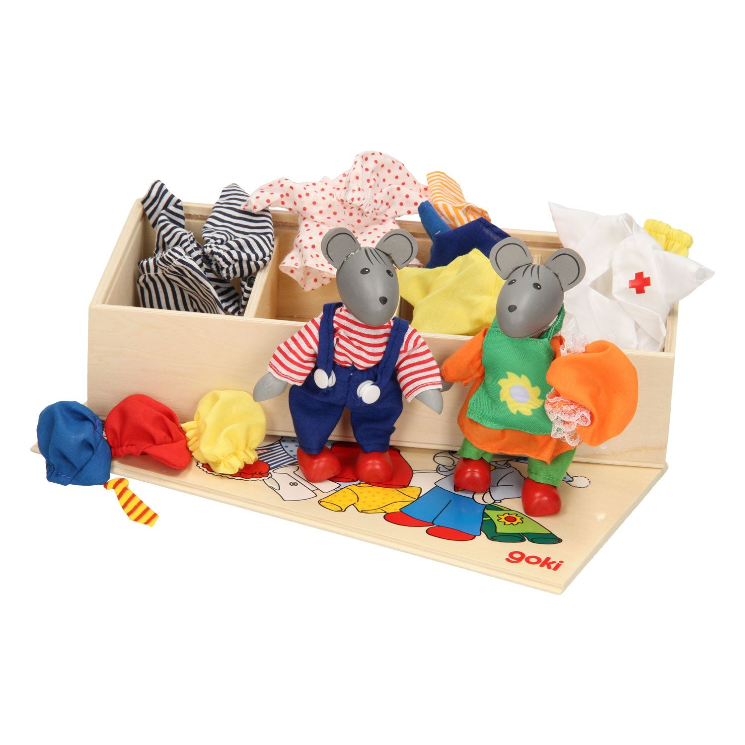 Toy set with two mouse figures, clothing pieces, and a wooden base on a white background