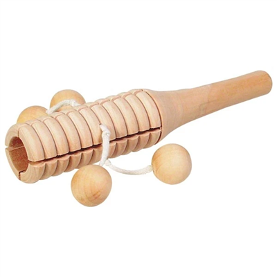 Wooden toy with cylindrical and spherical components on a white background
