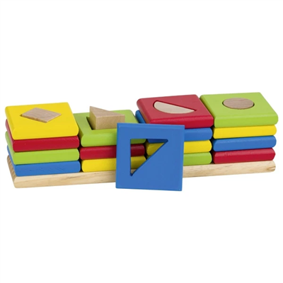 Colorful wooden shape blocks with a blue triangle block on a white background