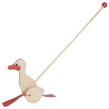 Wooden goose toy with a string on a white background