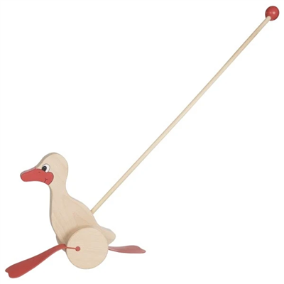 Wooden goose toy with a string on a white background