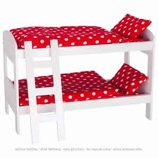 White dollhouse bed with red polka dot bedding and pillow on a white background