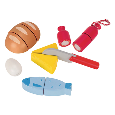 Set of toy kitchen items including a bread loaf, eggs, cheese, knife, and fish on a white background