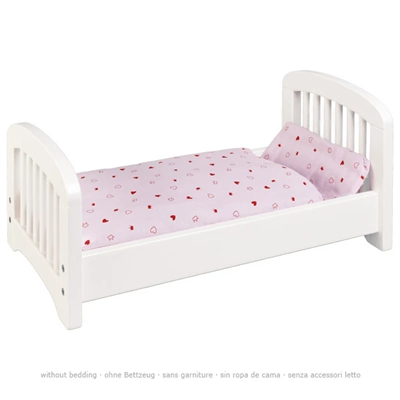 White doll bed with pink heart-patterned bedding on a white background