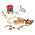Set of wooden kitchen play toys on a white background