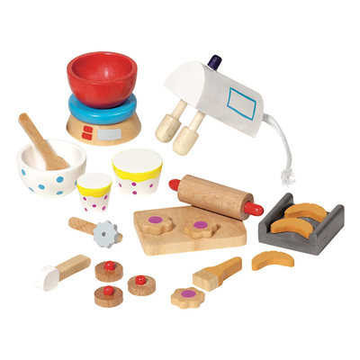Set of wooden kitchen play toys on a white background