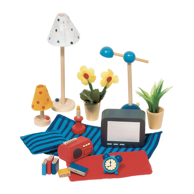 Collection of miniature furniture and decor items on a white background