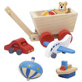 Set of wooden toys including a cart, car, airplane, boat, and balloon on a white background
