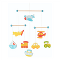 Colorful toy mobile with airplane, boat, car, and helicopter on a white background