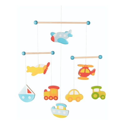 Colorful toy mobile with airplane, boat, car, and helicopter on a white background