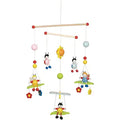 Colorful children's mobile with hanging toys on a white background