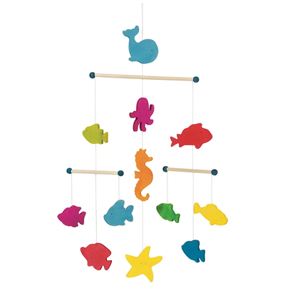 Colorful fish and sea creature mobile on a white background