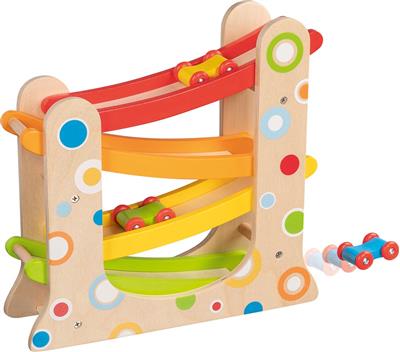 Colorful wooden toy with multiple tracks and wheels on a white background