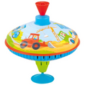 Colorful toy spinning top with construction-themed design on a white background