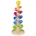 Colorful wooden toy with spiral and round shapes on a white background