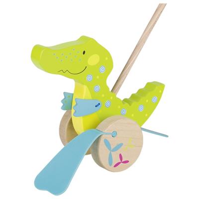 Toy alligator with a wooden base on a white background