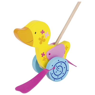 Colorful duck-shaped toy with wheels on a white background
