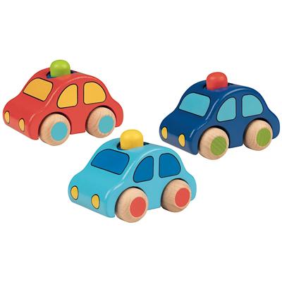 Set of three colorful toy cars on a white background