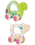 Two colorful wooden toys shaped like turtles on a white background