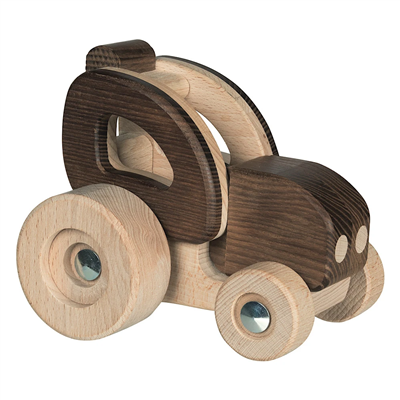 Wooden toy tractor with brown and beige colors on a white background
