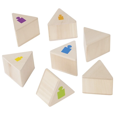 Set of wooden pyramid-shaped blocks with colorful icons on a white background