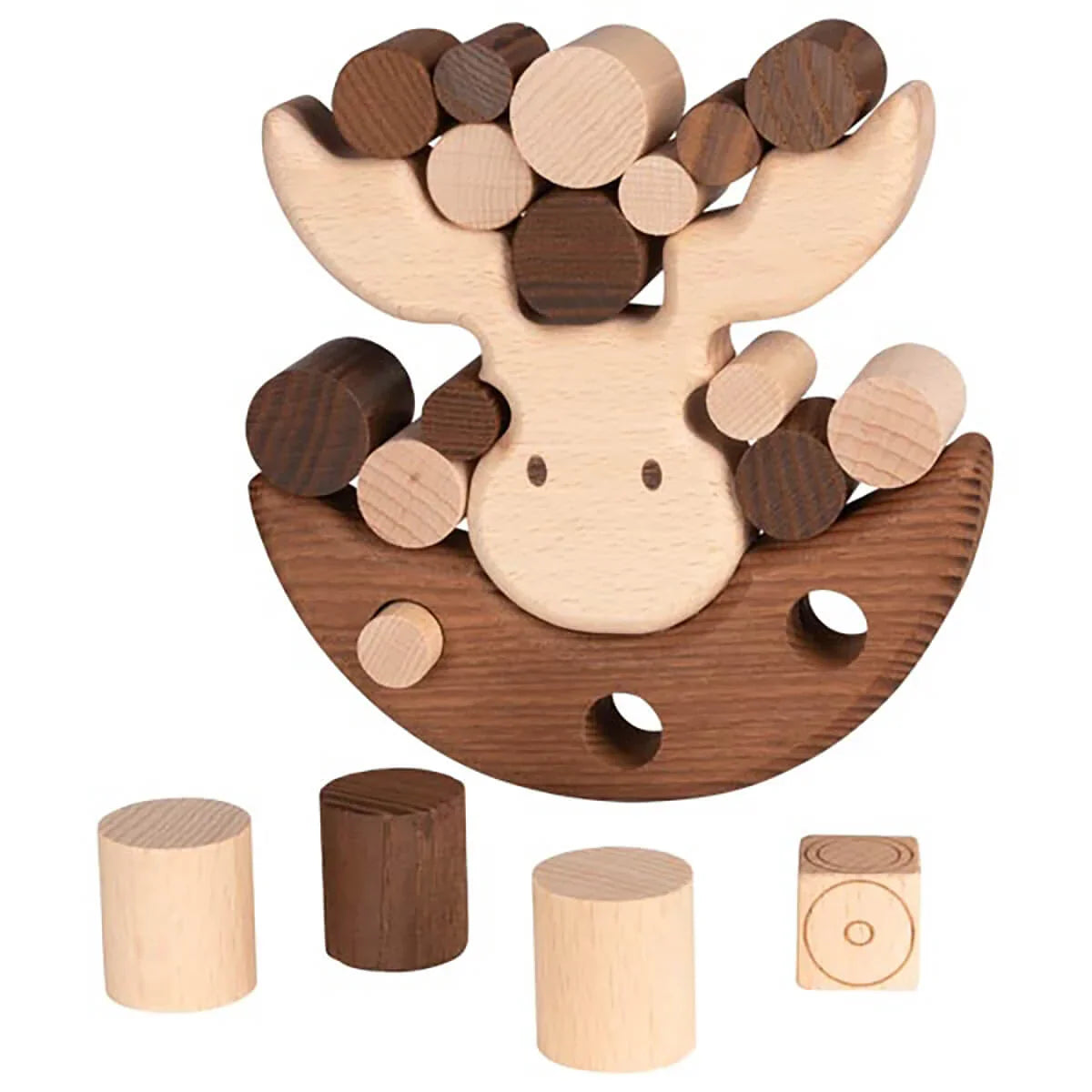 Wooden moose shape sorter toy with detachable rings on a white background