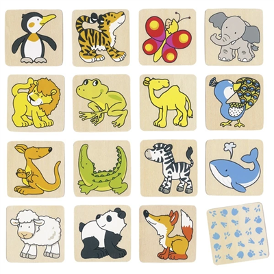 Set of wooden animal blocks with various animals on a beige background