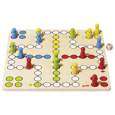 Colorful board game with pieces and a die on a white background