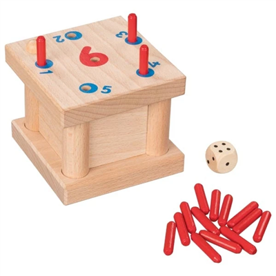 Wooden number sorting toy with red sticks and a dice on a white background