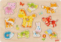 Wooden puzzle with colorful animal shapes and buttons on a wooden board, brand 'goki' visible.