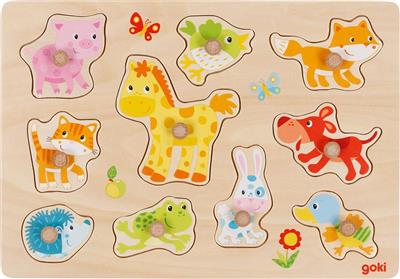 Wooden puzzle with colorful animal shapes and buttons on a wooden board, brand 'goki' visible.