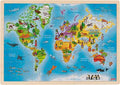 World map puzzle with colorful illustrations of animals and landmarks on a wooden frame.