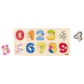 Wooden puzzle with colorful numbers and animal shapes on a white background