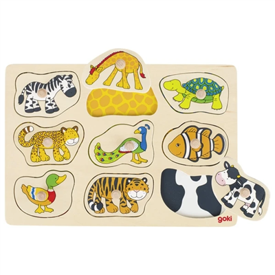 Wooden puzzle with animal figures on a white background