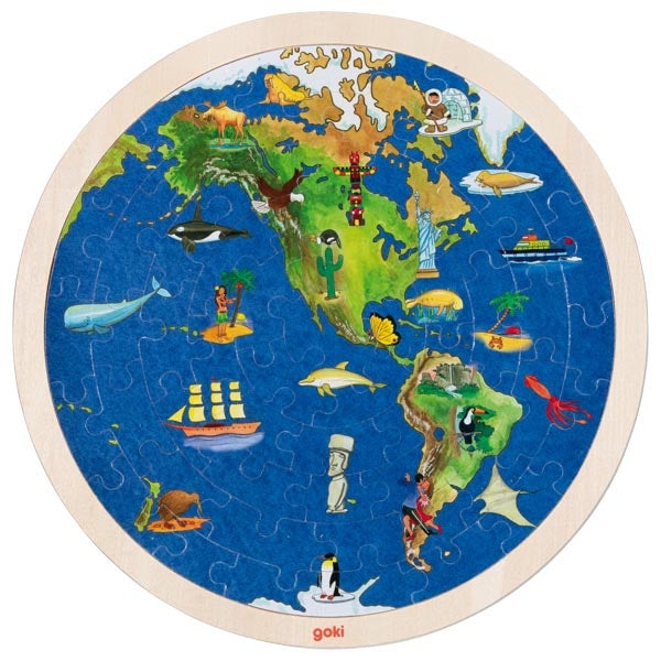 Round world map puzzle with colorful illustrations on a white background