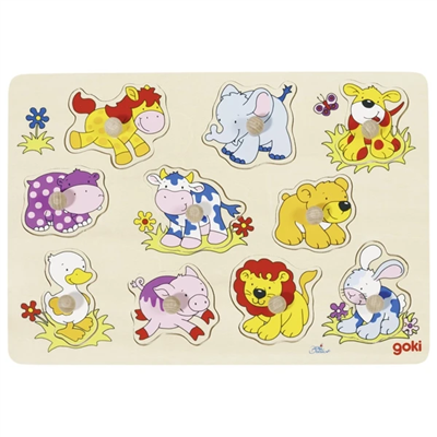 Children's wooden puzzle with colorful animal illustrations on a white background