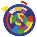 Colorful target-like design with concentric circles on a white background
