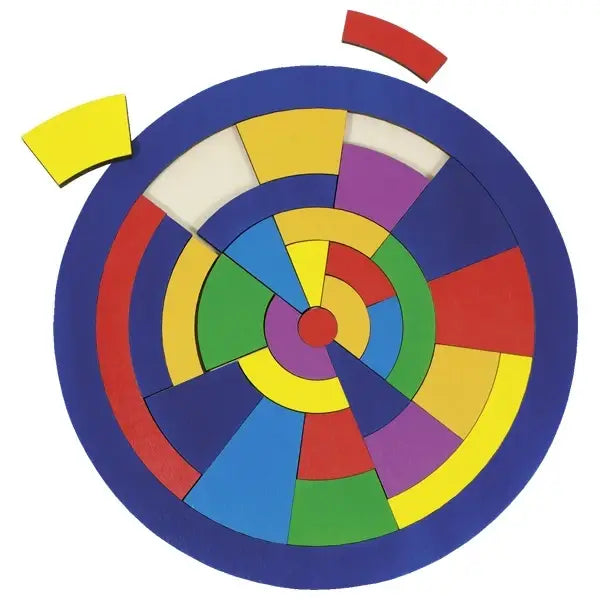 Colorful target-like design with concentric circles on a white background